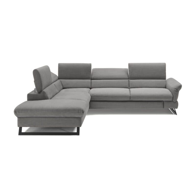 Trendstore Cassandra Ecksofa mit Bezug Webstoff Taupe und Ottomane links – unterschiedliche Stellungen Kopfstützen