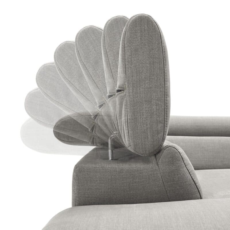 Trendstore Cassandra Ecksofa mit Bezug Webstoff Taupe und Ottomane links – flexible Kopfstützen