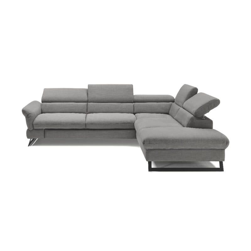 Trendstore Cassandra Ecksofa mit Bezug Webstoff Taupe und Ottomane rechts – unterschiedliche Stellungen Kopfstützen