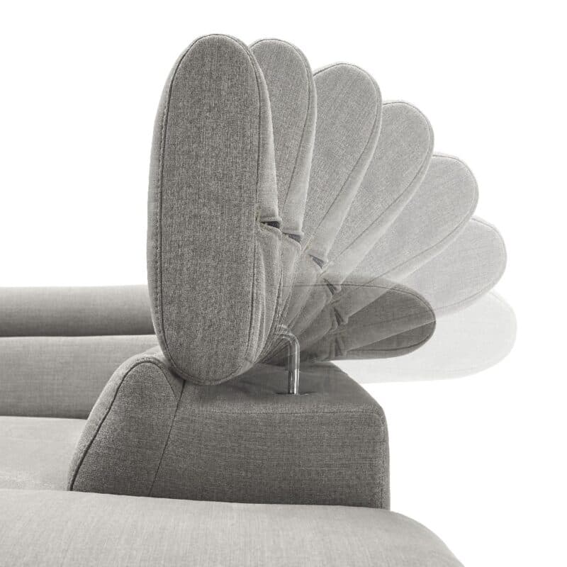 Trendstore Cassandra Ecksofa mit Bezug Webstoff Taupe und Ottomane rechts – flexible Kopfstützen