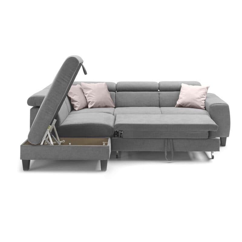 Trendstore Ecksofa Corin mit Bezug Webstoff All Senses Grau und Ottomane links – Schlaffunktion und Bettkasten