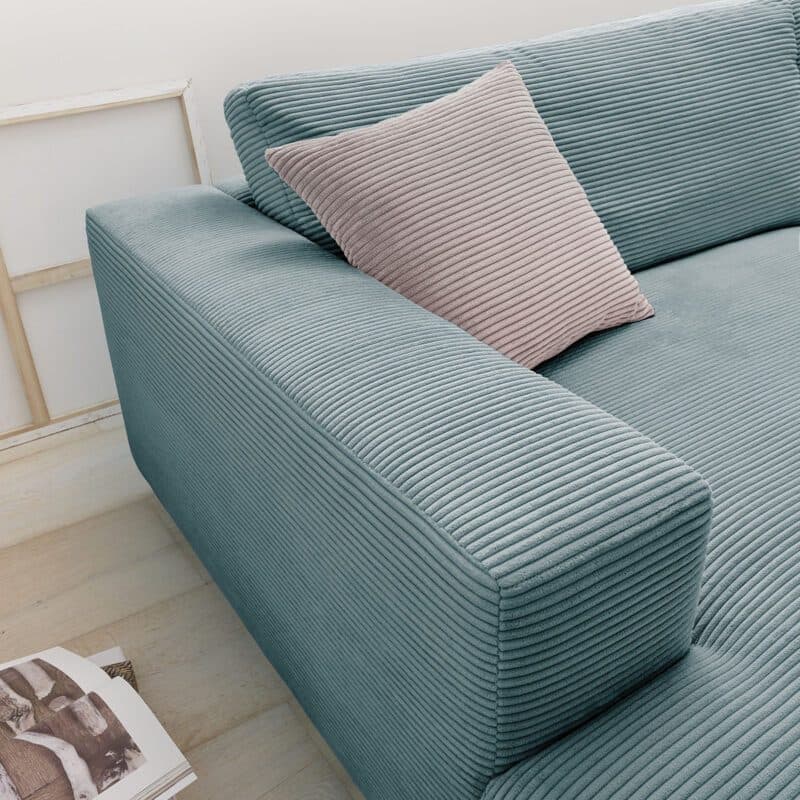 Musterring Lucia 3,5 Sitzer Ecksofa Cord mit Ottomane links und Bezug in Petrol – Detail Bezug