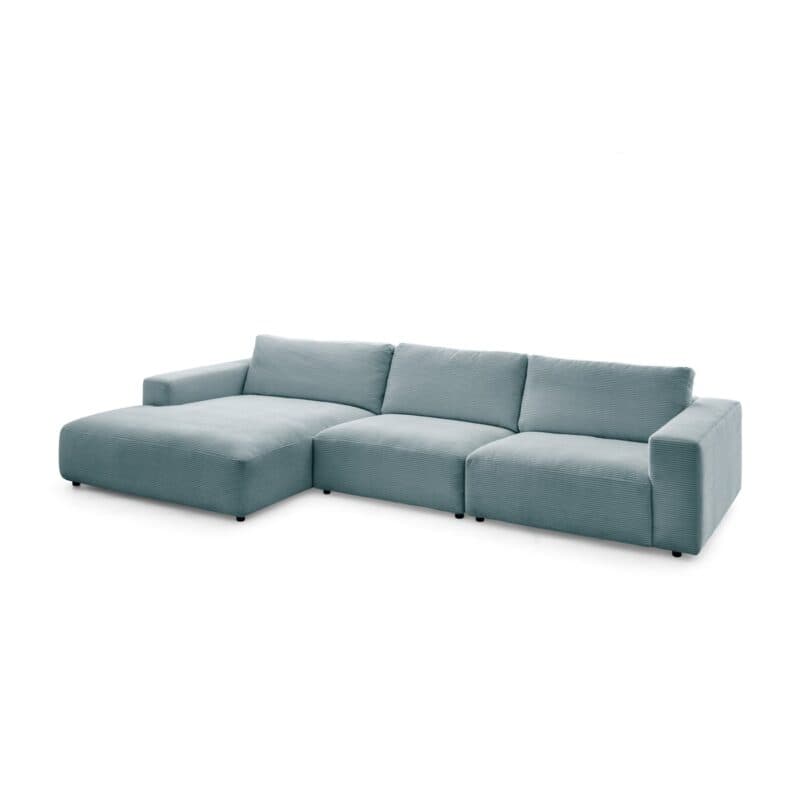 Musterring Lucia 3,5 Sitzer Ecksofa Cord mit Ottomane links und Bezug in Petrol – Wohnbeispiel