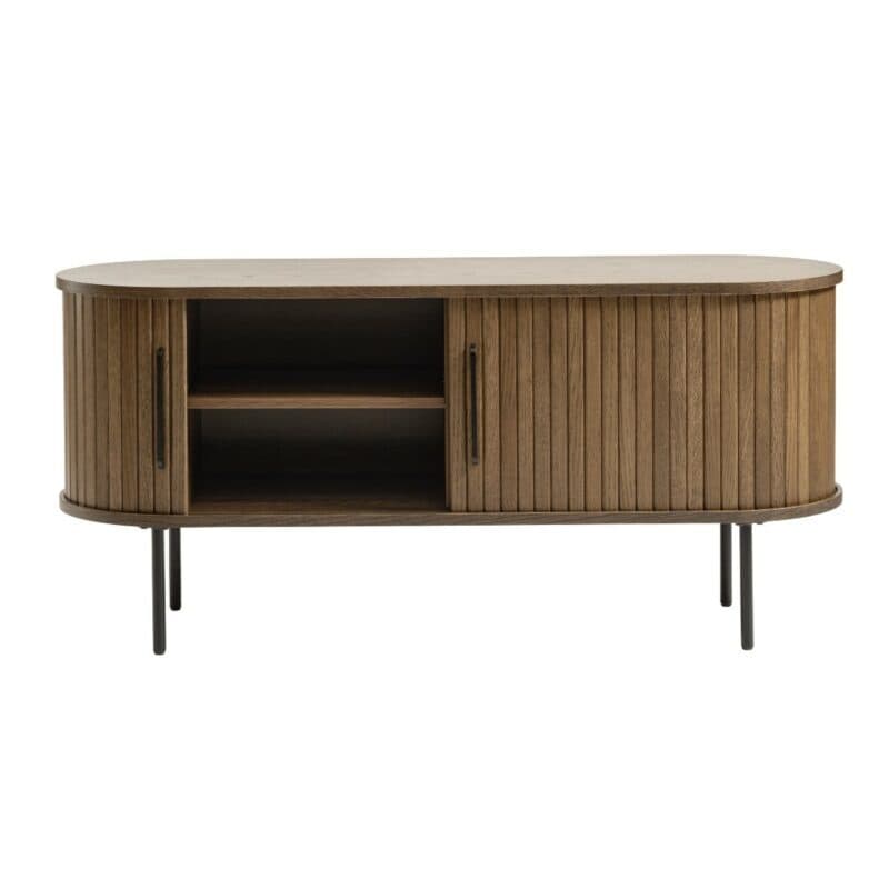 Trendstore Uriel Lowboard in Eiche Furnier smoked mit Füßen und Griffen aus Metall - links geöffnet