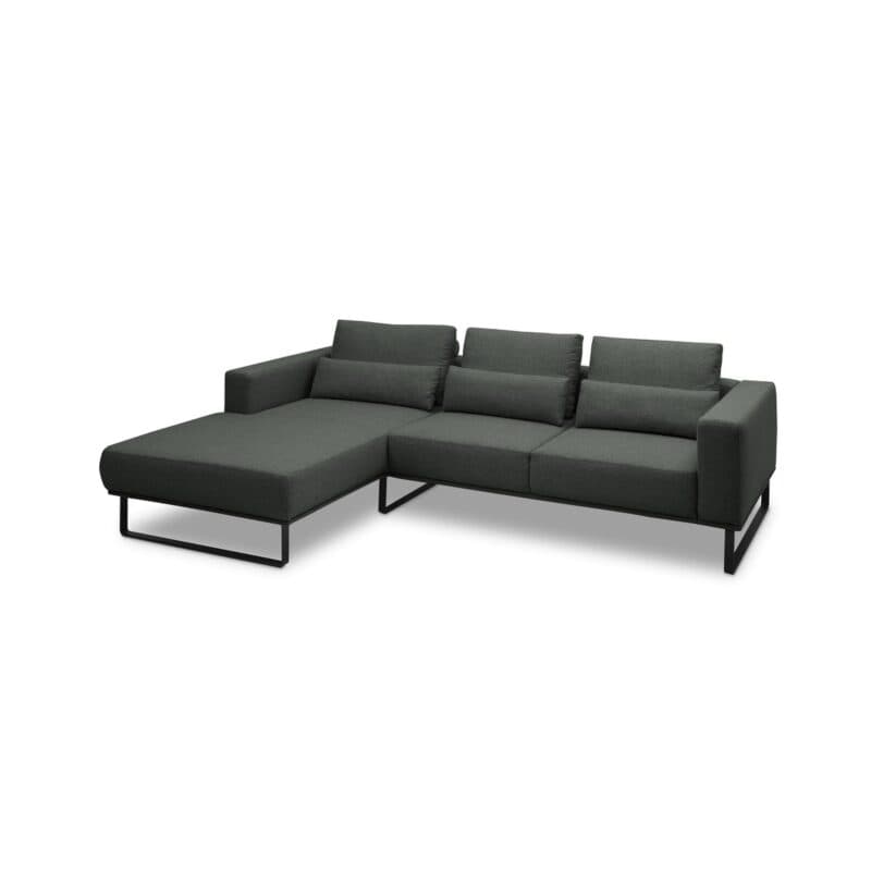 Musterring JustB! Ecksofa mit Ottomane links Bezug Flachgewebe Mono anthrazit Metallkufe schwarz matt schräg