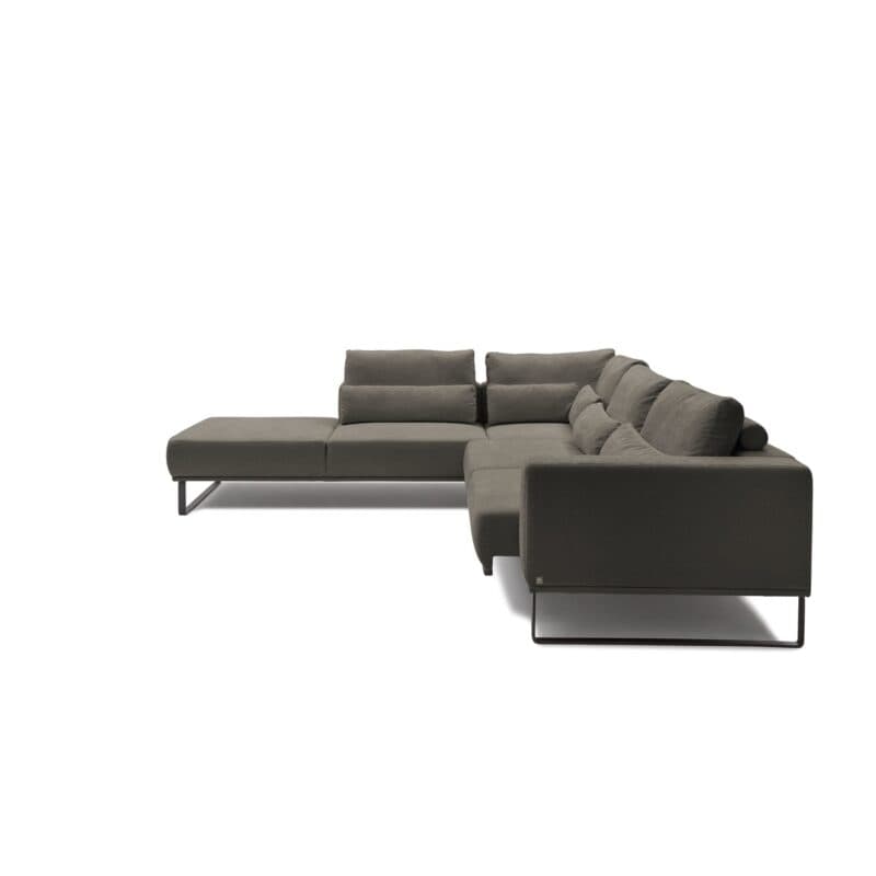 Musterring JustB! Ecksofa Ottomane links Bezug Strukturgewebe Yelda brown Metallkufe schwarz matt Funktion Sitzvorzug ausgefahren