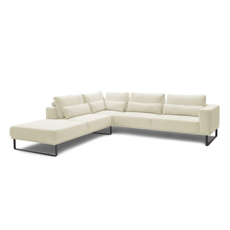 Musterring JustB! Ecksofa Ottomane links Bezug Strukturgewebe Yelda creme Metallkufe schwarz matt schräg