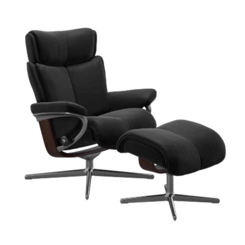 Stressless Magic M Cross Sessel mit Bezug Leder Paloma Black, Gestell Buche in Holzfarbe Braun und Kreuzfuß Metall chromfarben