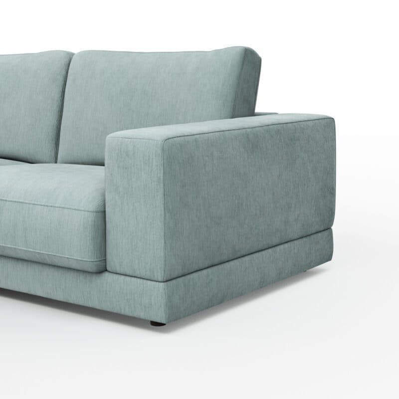 Raum.Freunde Juni Ecksofa mit Bezug Yelda als Flachgewebe in Hellblau – Detailansicht Armlehne