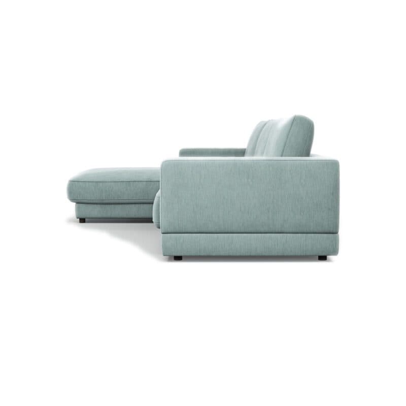 Raum.Freunde Juni Ecksofa mit Ottomane rechts und Bezug Yelda als Flachgewebe in Hellblau – Seitenansicht