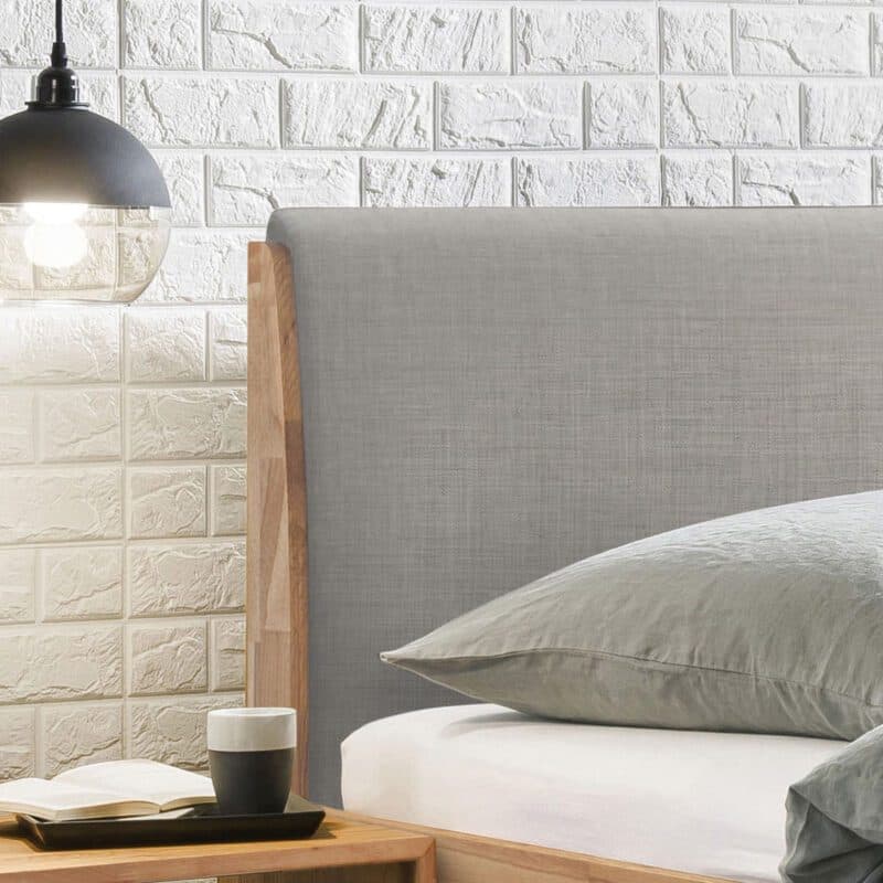 Hasena Pietro Massivholzbett LF 140 x 200 Kernbuche natur geölt und Kopfteilbezug Flachgewebe 335 Pepe grey BHL ca. 146 x 91 x 215 cm Detailbild Kopfteil