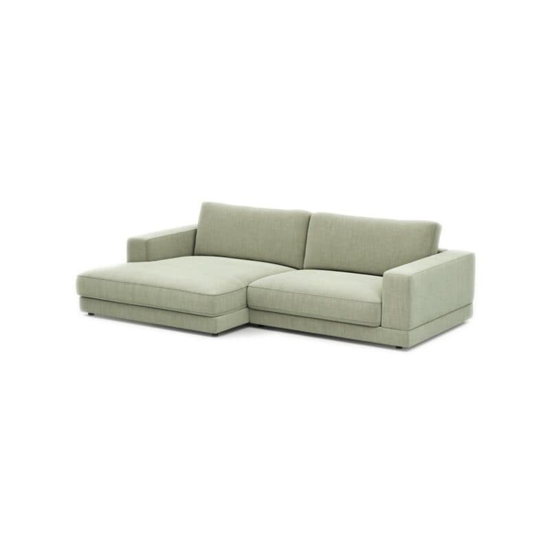 Raum.Freunde Juni Ecksofa 1,5-Sitzer mit Bezug aus Flachgewebe in Lindgrün und Ottomane links