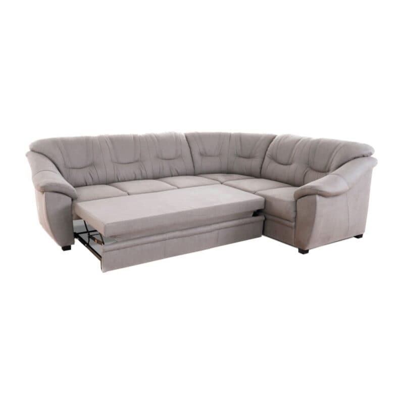 Polsteria Savona Ecksofa mit Bezug in Flachgewebe Euphoria 07 Elephant und Ottomane rechts — Ansicht Schlaffunktion