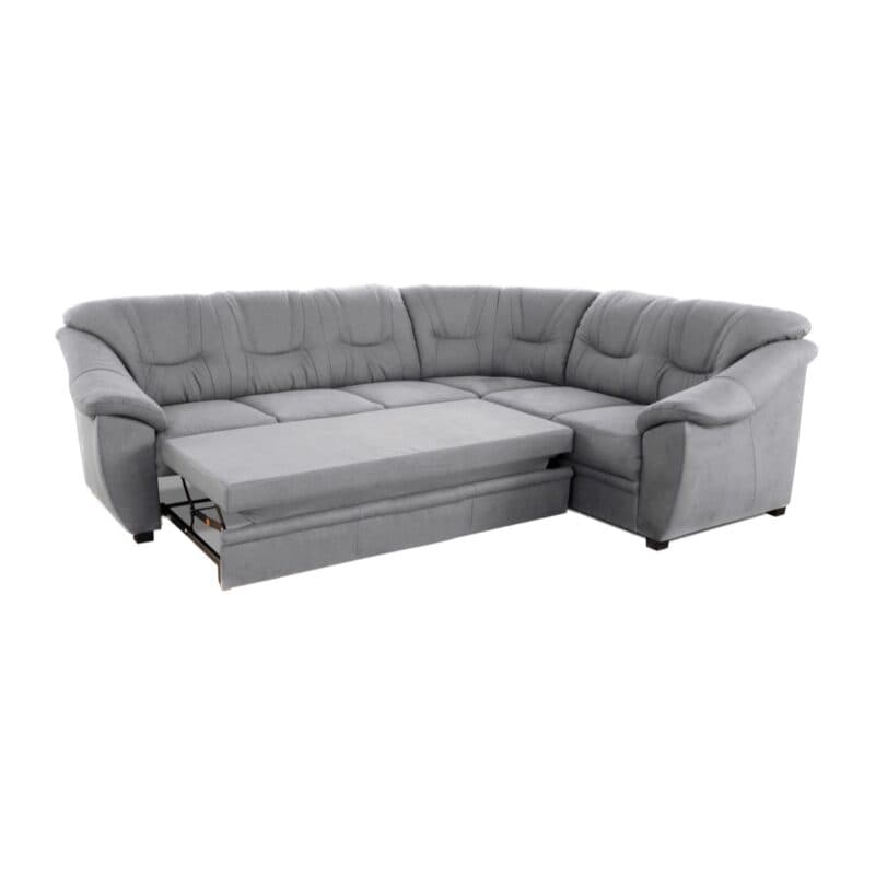 Polsteria Savona Ecksofa mit Bezug in Flachgewebe Euphoria 10 Grey und Ottomane rechts — Ansicht Schlaffunktion