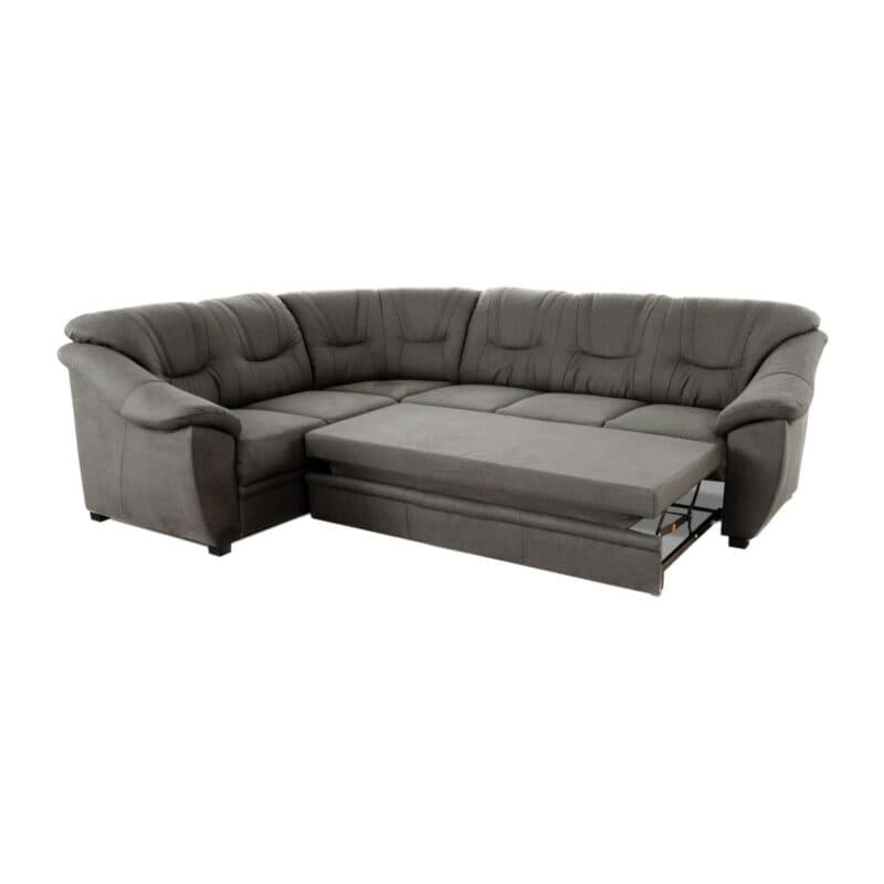 Polsteria Savona Ecksofa mit Bezug in Flachgewebe Euphoria 14 Schlamm und Ottomane links — Ansicht Schlaffunktion