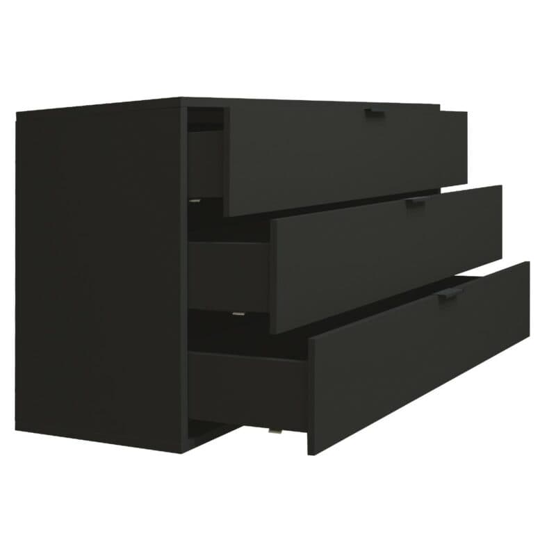 Trendstore Milana Kommode mit 3 Schubladen in Lack anthrazit matt — Seitenansicht mit Schubladen offen