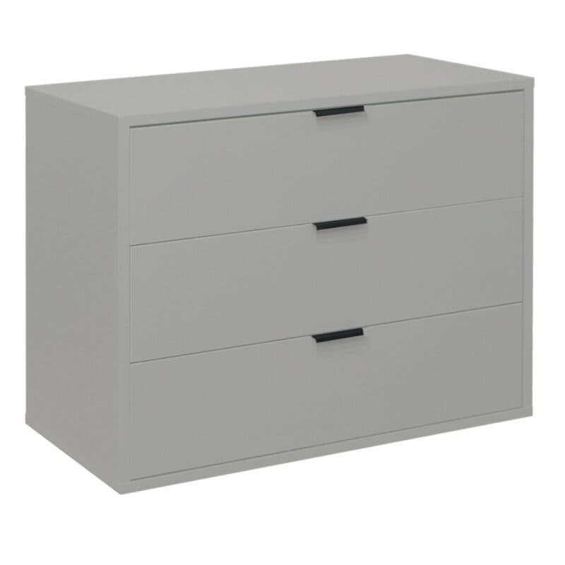 Trendstore Milana Kommode mit 3 Schubladen in Lack kreidegrau matt mit einer Breite ca. 81 cm — seitlich