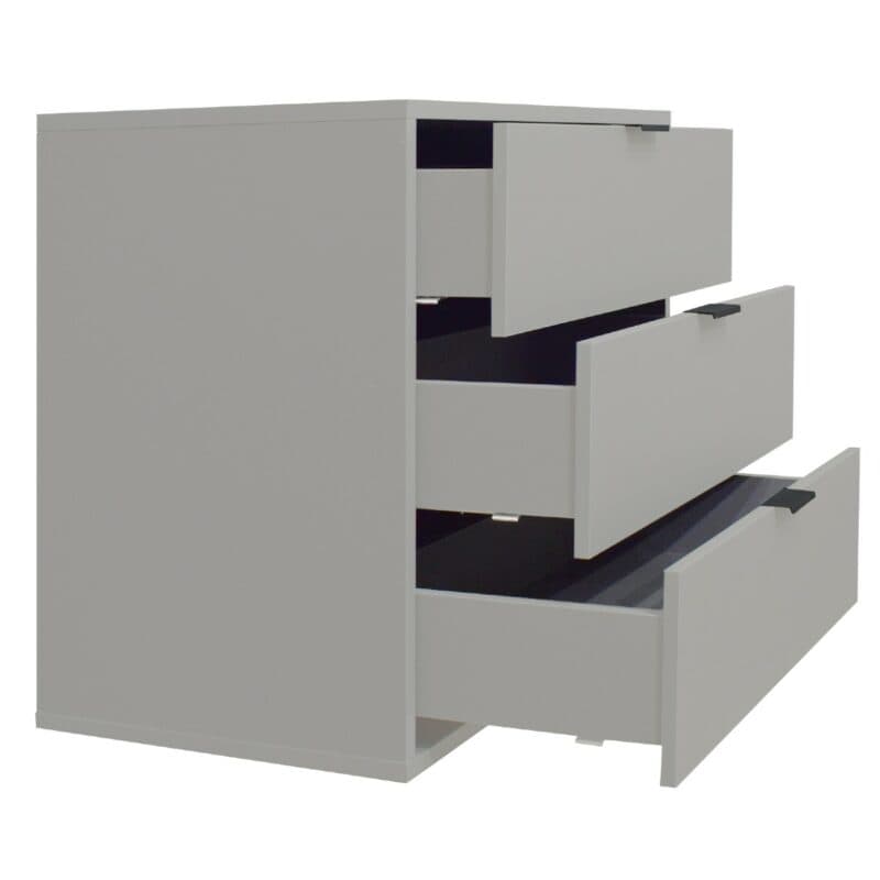 Trendstore Milana Kommode mit 3 Schubladen in Lack kreidegrau matt mit einer Breite ca. 81 cm — Seitenansicht mit Schubladen offen