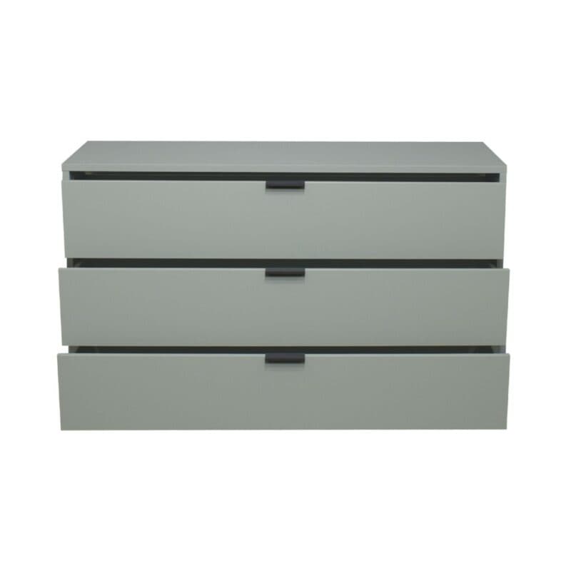 Trendstore Milana Kommode mit 3 Schubladen in Lack piniengrün matt — Frontansicht mit Schubladen offen