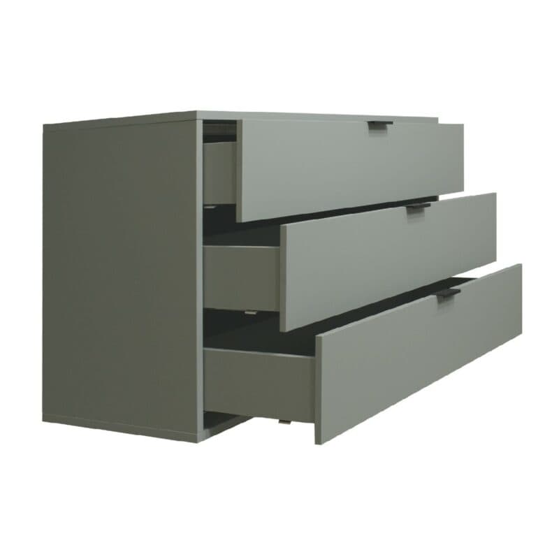 Trendstore Milana Kommode mit 3 Schubladen in Lack piniengrün matt — Seitenansicht mit Schubladen offen
