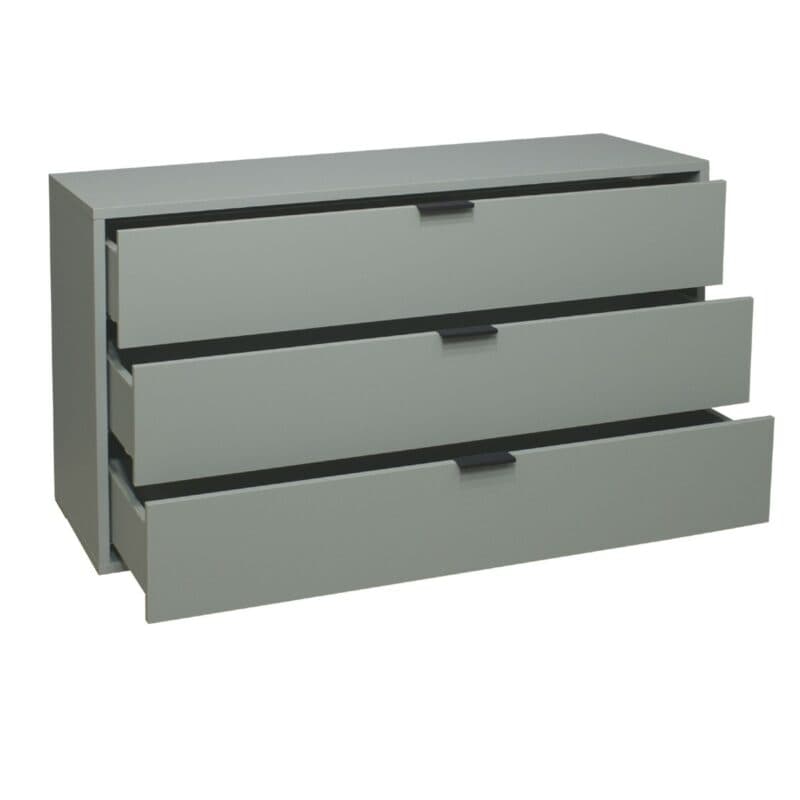 Trendstore Milana Kommode mit 3 Schubladen in Lack piniengrün matt — Seitenansicht mit Schubladen offen