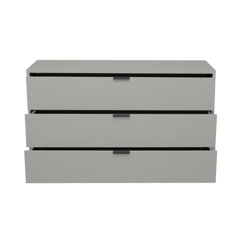 Trendstore Milana Kommode mit 3 Schubladen in Lack kreidegrau matt — Frontansicht mit Schubladen offen