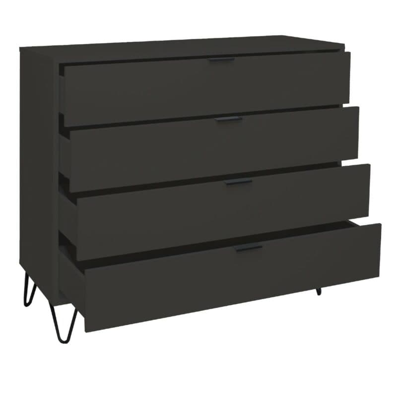 Trendstore Milana Kommode mit 4 Schubladen in Lack anthrazit — seitliche Ansicht mit Schubladen offen