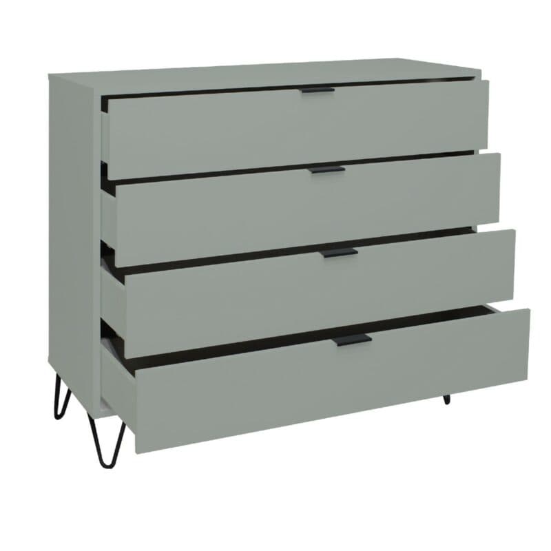 Trendstore Milana Kommode mit 4 Schubladen in Lack piniengrün — seitliche Ansicht mit Schubladen offen