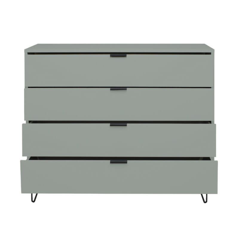 Trendstore Milana Kommode mit 4 Schubladen in Lack piniengrün — Frontansicht mit Schubladen offen