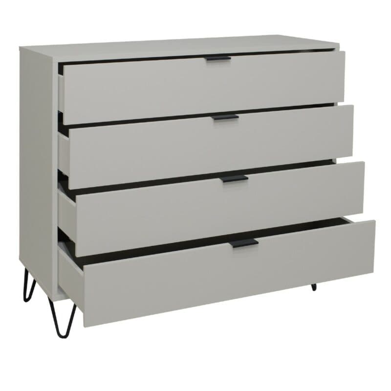 Trendstore Milana Kommode mit 4 Schubladen in Lack kreidegrau — seitliche Ansicht mit Schubladen offen