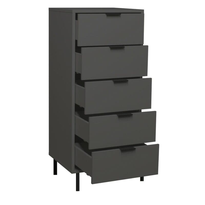 Trendstore Milana Kommode mit 5 Schubladen in Lack anthrazit matt — Seitenansicht mit Schubladen offen