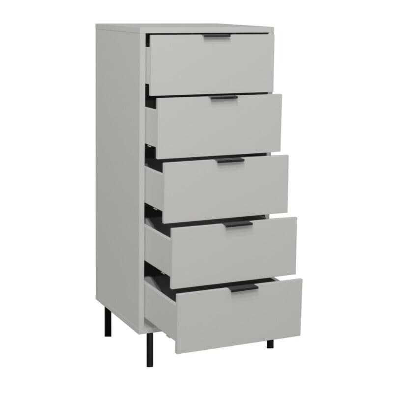 Trendstore Milana Kommode mit 5 Schubladen in Lack kreidegrau matt — Seitenansicht mit Schubladen offen