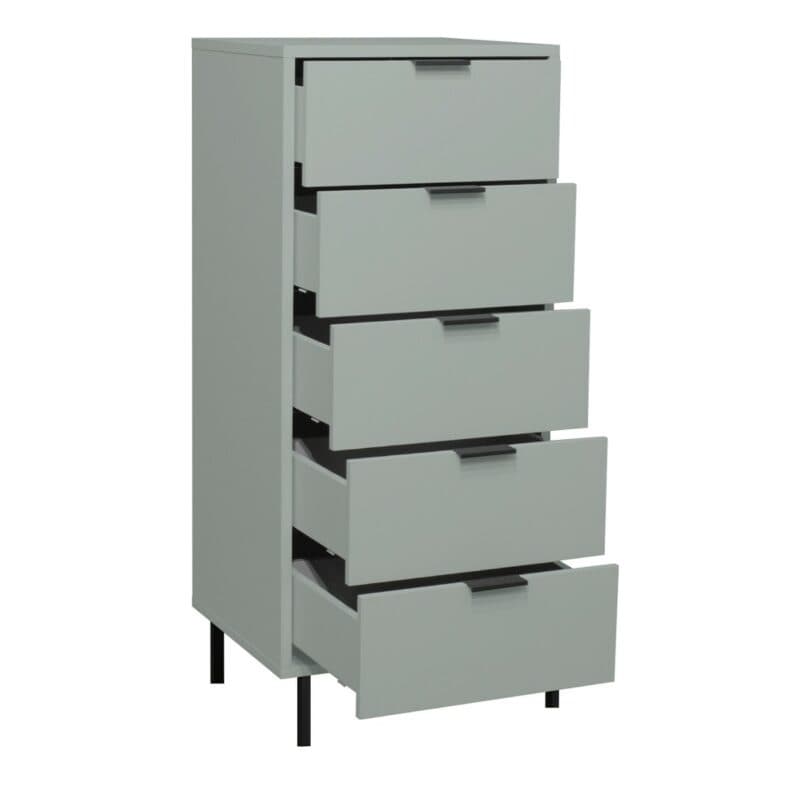 Trendstore Milana Kommode mit 5 Schubladen in Lack piniengrün matt — Seitenansicht mit Schubladen offen