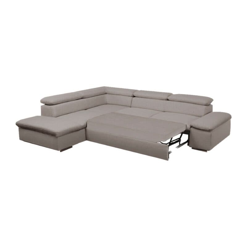 Polsteria Alcudia Ecksofa mit Bezug in Flachgewebe Euphoria 07 Elephant und Ottomane links — Ansicht Schlaffunktion