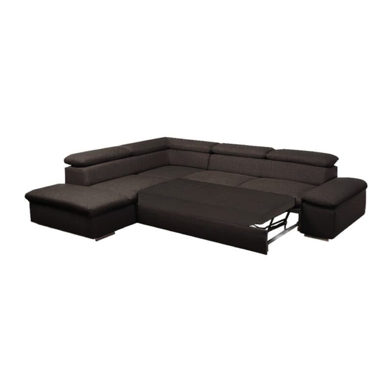 Polsteria Alcudia Ecksofa mit Bezug in Flachgewebe Euphoria 16 Fango und Ottomane links — Ansicht Schlaffunktion