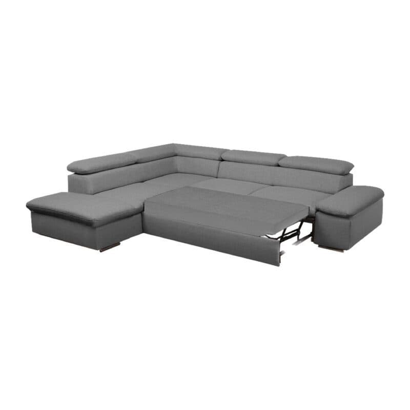 Polsteria Alcudia Ecksofa mit Bezug in Flachgewebe Euphoria 10 Grey und Ottomane links — Ansicht Schlaffunktion