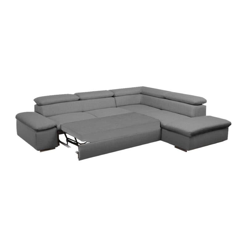 Polsteria Alcudia Ecksofa mit Bezug in Flachgewebe Euphoria 10 Grey und Ottomane links — Ansicht Schlaffunktion