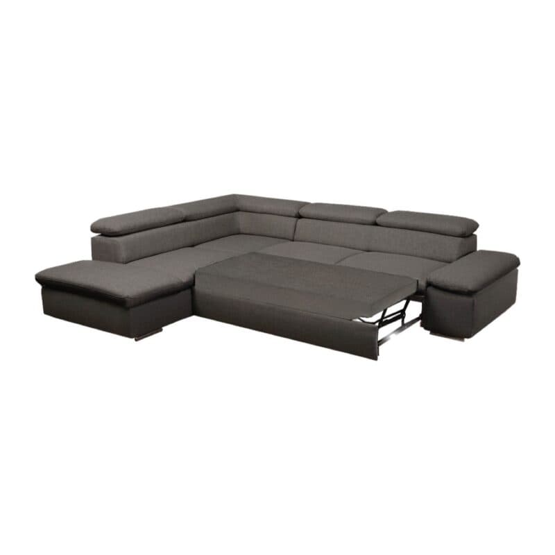 Polsteria Alcudia Ecksofa mit Bezug in Flachgewebe Euphoria 14 Schlamm und Ottomane links — Ansicht Schlaffunktion