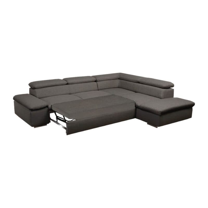 Polsteria Alcudia Ecksofa mit Bezug in Flachgewebe Euphoria 14 Schlamm und Ottomane links — Ansicht Schlaffunktion