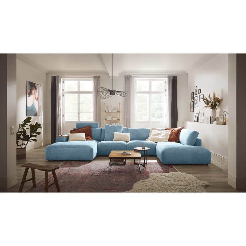 Musterring Lucia Wohnlandschaft Longchair links Bezug Cord light blue Wohnbeispiel