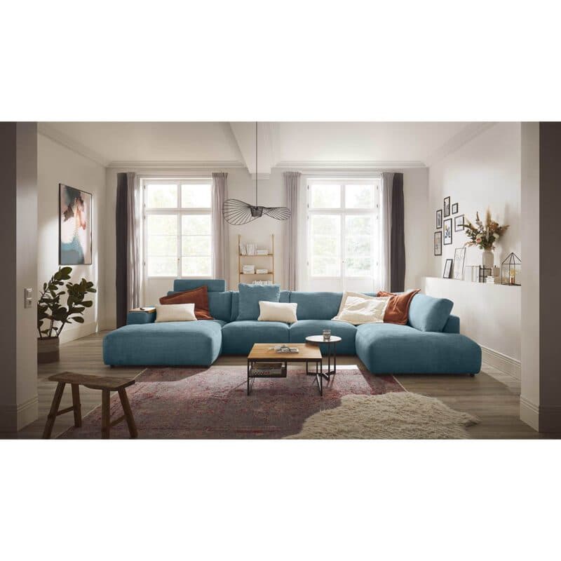 Musterring Lucia Wohnlandschaft Longchair links Bezug Cord petrol Wohnbeispiel