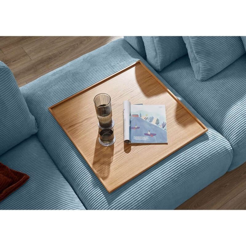 Musterring Lucia Zwischenhocker Bezug Cord light blue mit Holztablett Deko