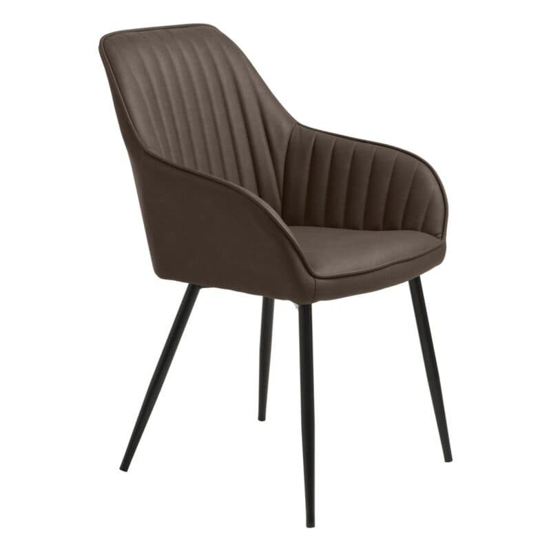 Trendstore Melfort Armlehnstuhl aus Kunstleder in Dunkelbraun mit Metallfüßen in Schwarz - seitlich.