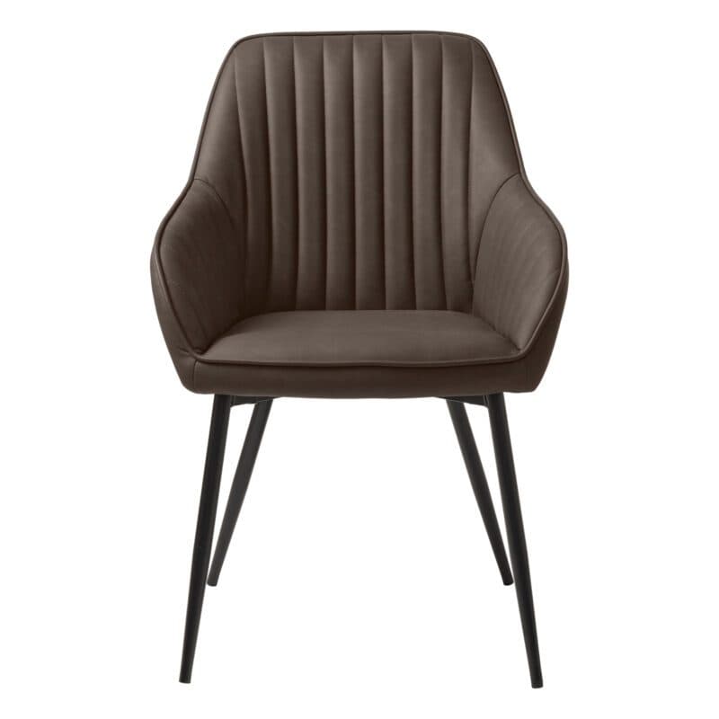 Trendstore Melfort Armlehnstuhl aus Kunstleder in Dunkelbraun mit Metallfüßen in Schwarz - Frontansicht.