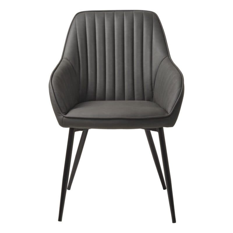 Trendstore Melfort Armlehnstuhl aus Kunstleder in Dunkelgrau mit Metallfüßen in Schwarz - Frontansicht.