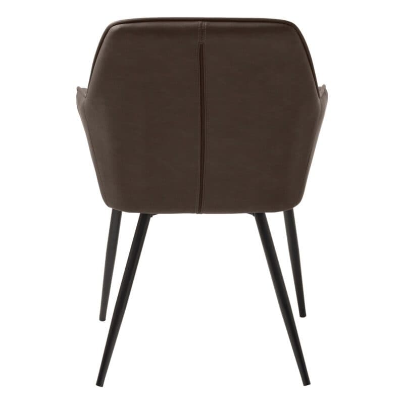Trendstore Melfort Armlehnstuhl aus Kunstleder in Dunkelbraun mit Metallfüßen in Schwarz - Rückenansicht.