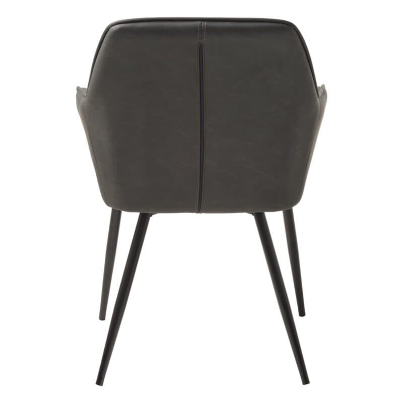 Trendstore Melfort Armlehnstuhl aus Kunstleder in Dunkelgrau mit Metallfüßen in Schwarz - Rückenansicht.