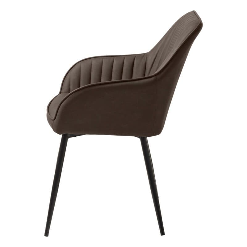 Trendstore Melfort Armlehnstuhl aus Kunstleder in Dunkelbraun mit Metallfüßen in Schwarz - Seitenansicht.