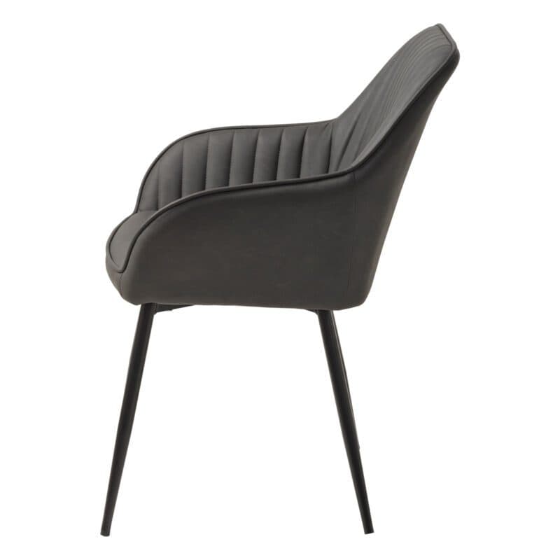 Trendstore Melfort Armlehnstuhl aus Kunstleder in Dunkelgrau mit Metallfüßen in Schwarz - Seitenansicht.