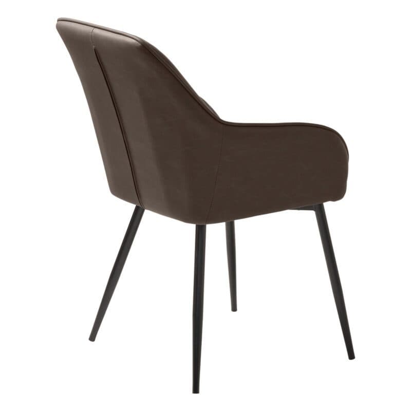Trendstore Melfort Armlehnstuhl aus Kunstleder in Dunkelbraun mit Metallfüßen in Schwarz - seitlich mit Rückenansicht.
